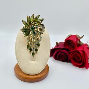 Juliana D&E Brooch / Pendant Holiday Green & AB Crystal Dimensional Dangle Drops